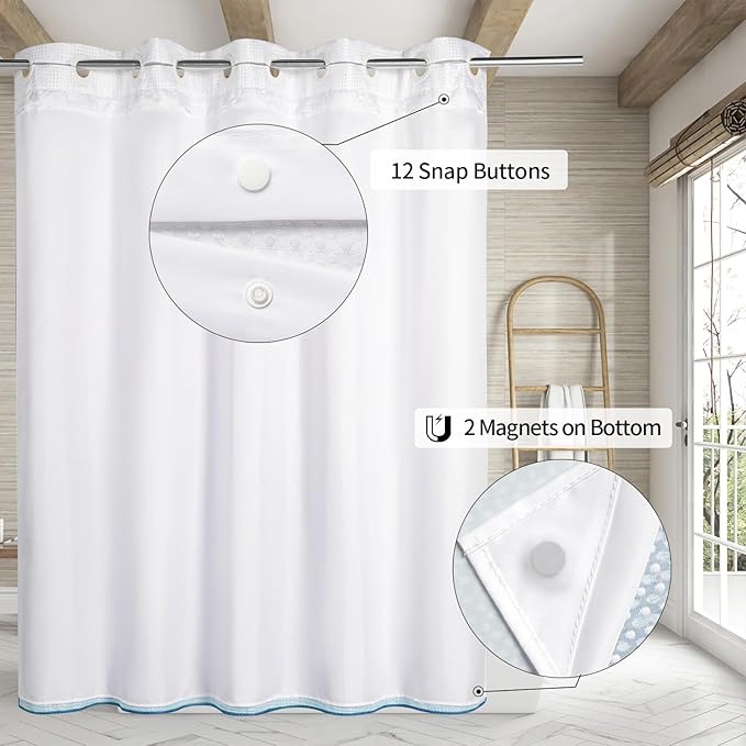 MitoVilla No Hooks Needed Blue Ombre Waffle Shower Curtain with Snap-in Liner, Modern Waffle Weave Heavy Duty Fabric Cloth Shower Curtain for Luxury Neutral Hotel Spa Bathroom Decor, 72 x 74