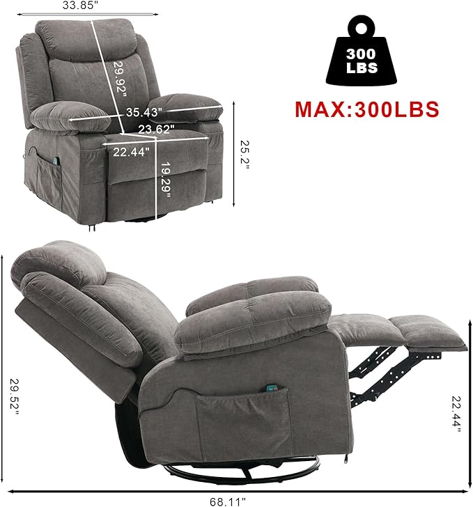 Rocker Recliner Chair with Massage and Heat, Overstuffed Swivel Recliners, Oversized Fabric Recliners Singl Sofa Manual Reclining Home Theater Lounge Chairs for Living Room Adults, Grey