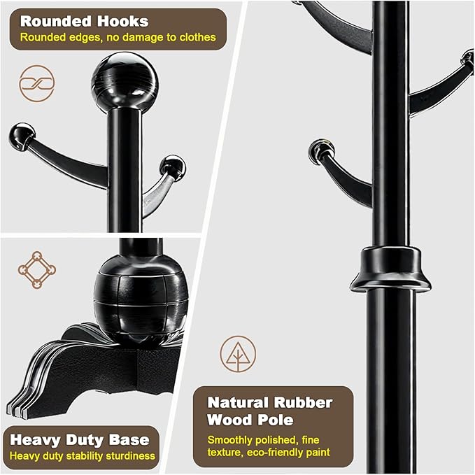 Hall Tree, Freestanding Wood Tree Rack with 7 Hooks, Coat Rack with Stable Sphere Base, Wooden Coat Rack Stand, Load 210 lb, Coat Hanger Stand for Entryway, Hallway, Bedroom (Black)