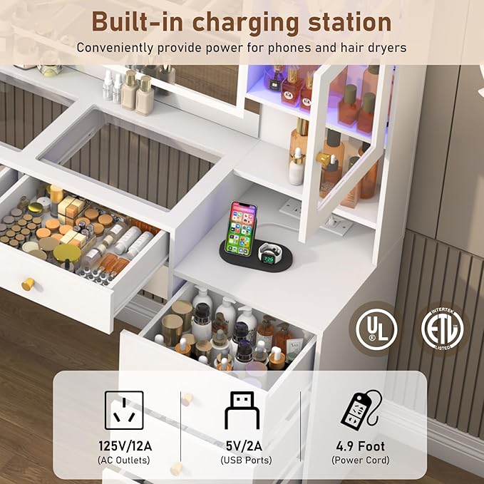 62" Large White Vanity Desk w/ Tempered Glass Top,60000-color LED Lights,Power Outlet, Make up Vanity w/ 3 Lights Mode LED Mirror,9 Drawers,2 RGB Cabinet LEDs Vanitys Table for Women,Girls