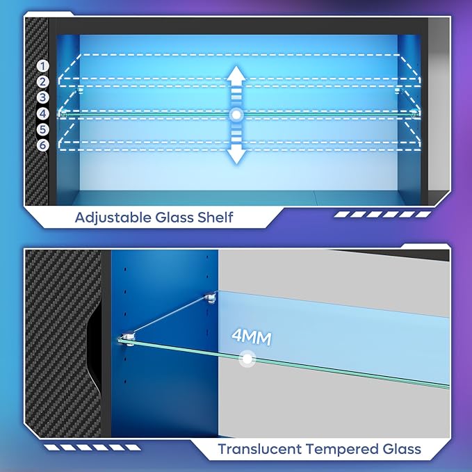 Bestier LED TV Stand for 65/75/80 inch TV, Gaming Entertainment Center with Adjustable Glass Shelf & Storage Cabinet for PS5 Xbox, Modern TV Console Table for Living Room Bedroom, Black Carbon Fiber