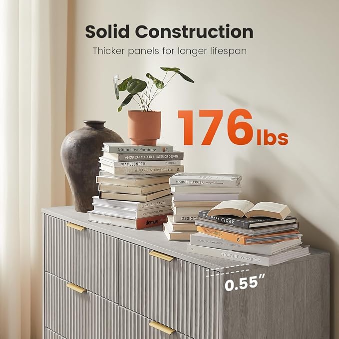 Amada Modern 6 Drawer Dresser, Fluted Wood Chest of Drawers with Rounded Corners, Pre-Installed Drawer Slides, Dresser TV Stand and Storage Organizer for Bedroom, Hallway, Grey