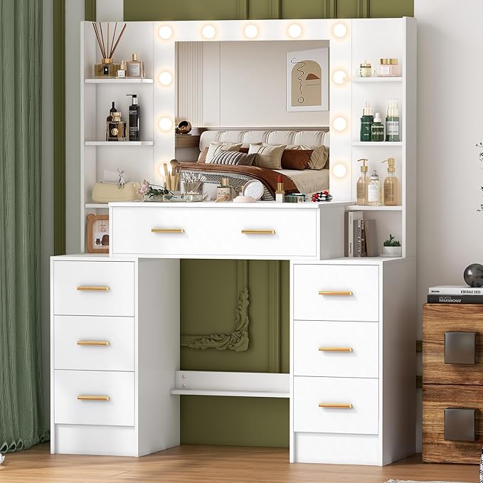 Vanity Desk with Mirror and Lights, Big Makeup Vanity Table Set with Drawers, White Vanity with Lighted Mirror for Bedroom, Dressing Table for Teen Girls and Adult Women, Gold