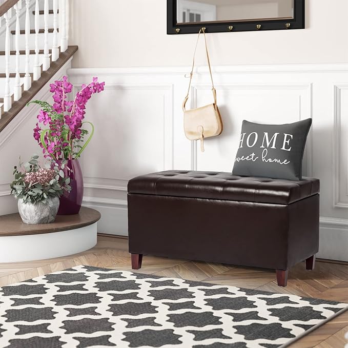 Joveco Storage Ottoman Bench, 33 Inches Faux Leather Rectangle Tufted Foot Stool for End Foot of Bed, Bedroom, Living Room, Brown