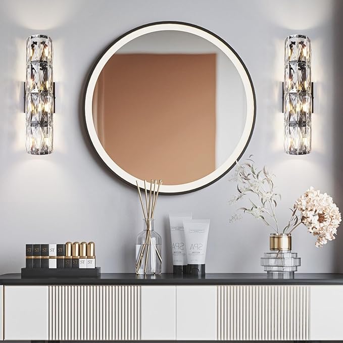 Crystal Wall Sconce Set of Two,Indoor Modern Sconces Wall Lighting,Black Wall Sconces for Bathroom,Bedroom,Living Room,Hallway