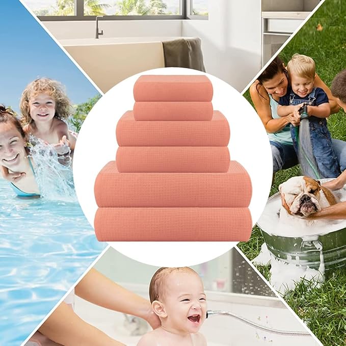 CASA COPENHAGEN Waffle Towel, 6Pieces 100% Cotton Large Towel Set- Malibu Peach, 2Bath 2Hand 2Washcloths Instant Absorb and Dry, Soft Strong Towels for Hotel Spa Kitchen Bathroom & Shower