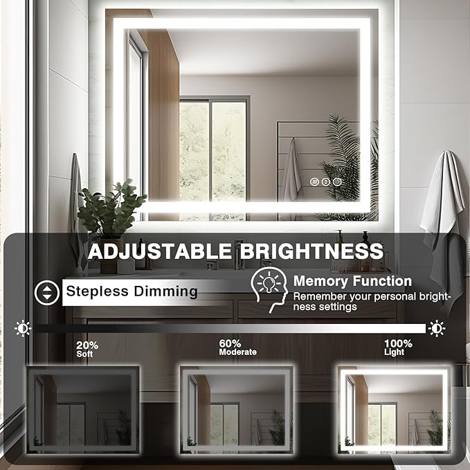 40"x32" LED Bathroom Mirror for Wall, Front and Backlit, Anti-Fog Vanity With Lights, Stepless Dimmable, 3 Colors Smart (Horizontal/Vertical)