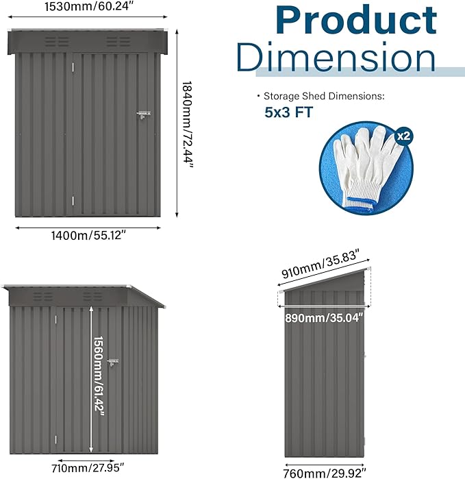 5 x 3 FT Outdoor Storage Shed, Metal Garden Tool Shed with Slooping Roof, Lockable Doors, All-Weather Bike Shed Easy to Assemble for Backyard, Patio, Lawn, Black