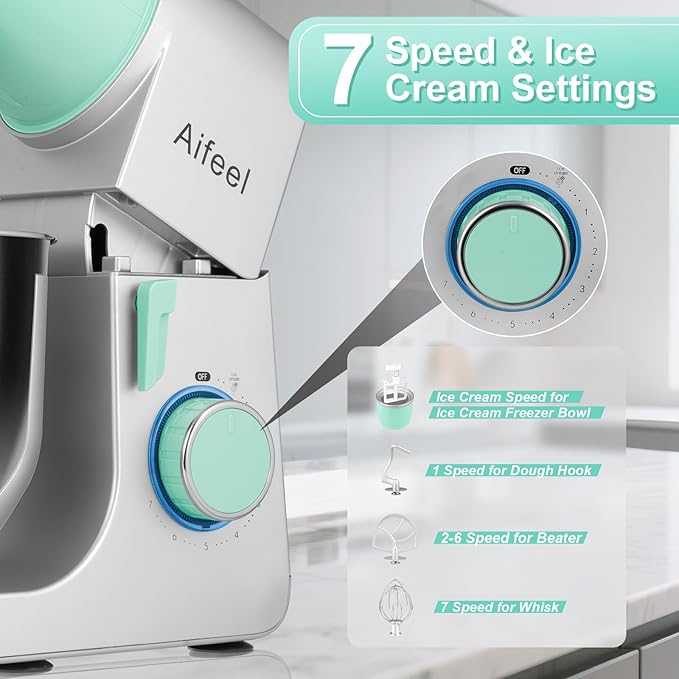 Aifeel Stand Mixer,6.5QT Kitchen Electric Mixer with 2QT Ice Cream Maker Bowl, 6 in 1 Multifunctional Bread Dough Mixer with Dough Hook,Whisk & Beater, Food Mixer for Baking (Green-Silver)