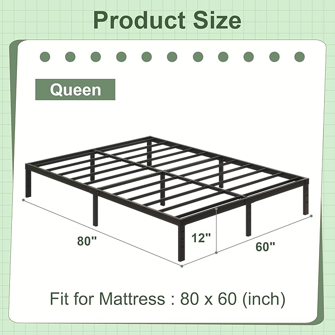 12 Inch Queen Size Metal Bed Frame, Heavy Duty Steel Slat Mattress Foundation,No Box Spring Needed, Easy Assembly, Noise-Free,Black
