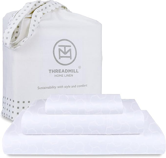 Threadmill 500 Thread Count Twin-XL Size 3 Pc Luxury Cotton Bed Sheet Set, Jacquard Floria Hotel White, Breathable Sheets with 15" Elasticized Deep Pocket, 1 Pillowcase & Free Tote Bag