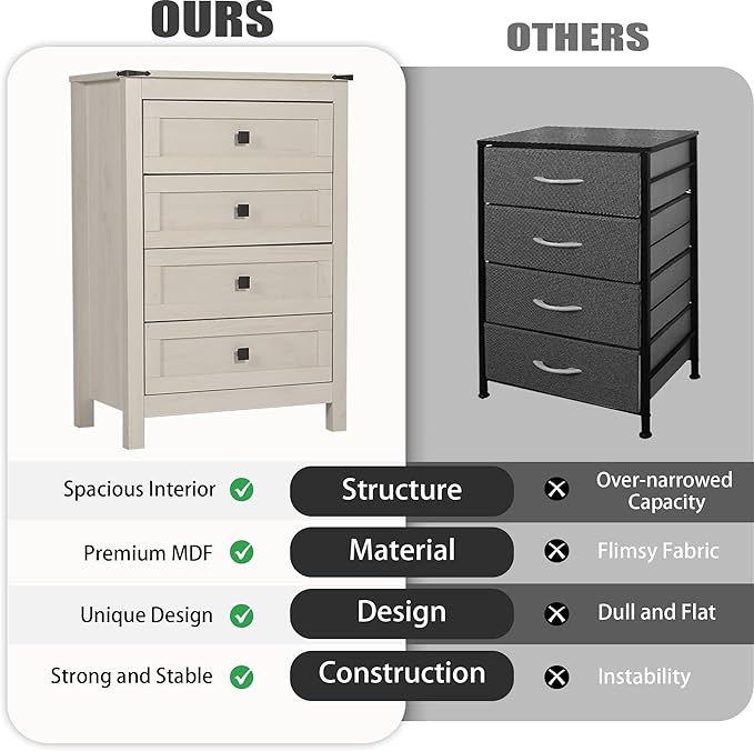 Farmhouse 4 Drawers Dresser, Wood Double Dresser Chest of Drawers Wide Storage Organizer Cabinet for Bedroom, Living Room, Rustic Beige