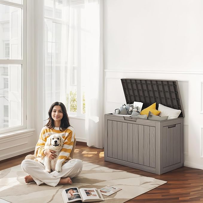 45 Gallon Outdoor Storage Box Waterproof, UV Resistant Deck Box Outdoor, Lockable Resin Deck Boxes for Garden Tools Equipment and Cushions, Gray