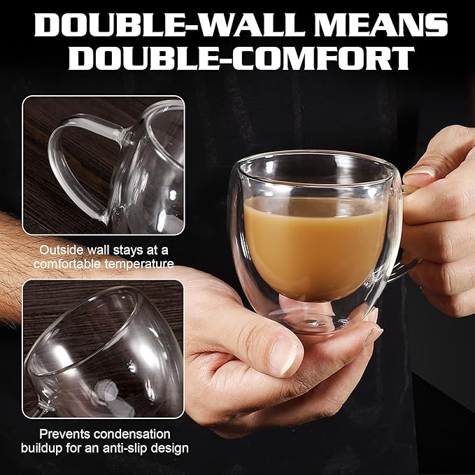 Clear Glass Double Wall Insulated Round Coffee Mugs Set of 6 Pieces - Small Size 5.5oz Best Reusable Coffee Mug for Home Cafe Restaurant Perfect for Espresso Capucinno Lungo Latte Coffee
