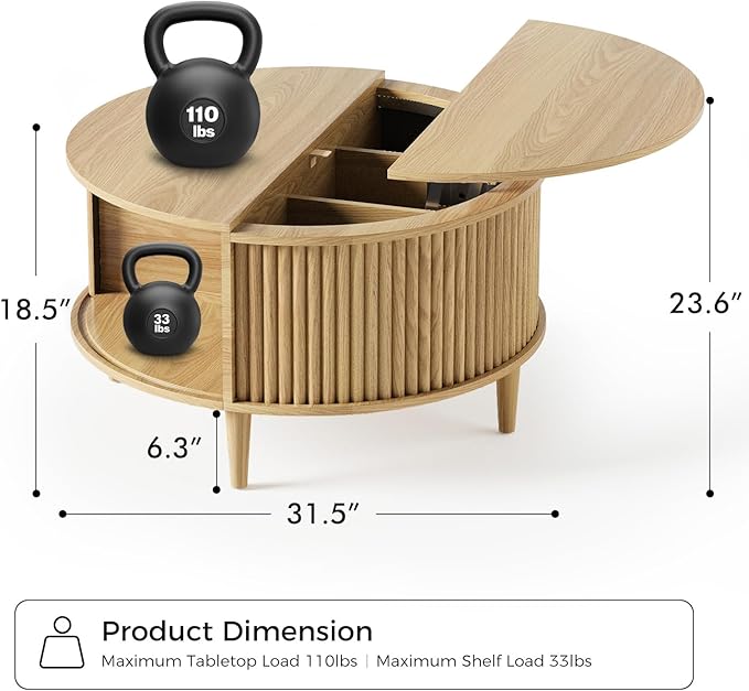Round Coffee Table with Storage, Fluted Lift Top Coffee Table for Living Room, 31.5" Mid Century Modern Center Table with Sliding Cabinet Door, Natural Oak