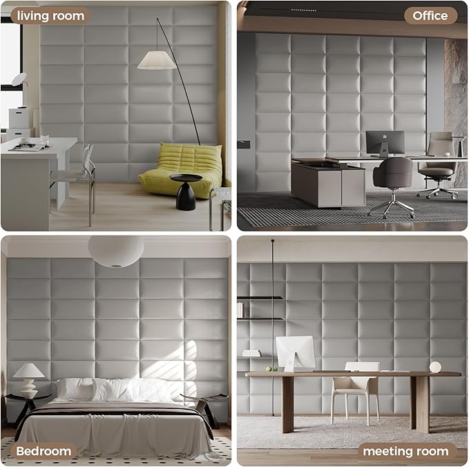 Wall-Mounted Upholstered Headboard Panels, Light Gray, 24x12 Inches, Pack of 12 – DIY Faux Leather Soundproof Padding for King, Queen, or Full Beds, Modern Accent Wall Panels