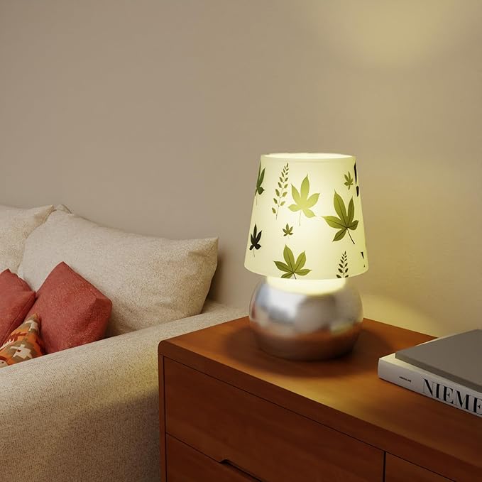Set of 2 Small Silver Bedside Table Lamp with Maple Leaf Pattern Shade (Bulb Included)