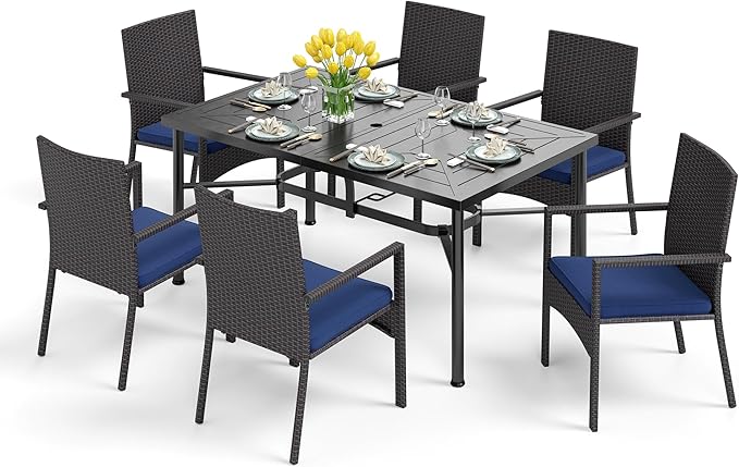 PHI VILLA 7 Piece Outdoor Dining Set for 6, 64" Wrought Iron Dining Table with Umbrella Hole & Cushioned Rattan Chairs for Patio, Yard, Porch, Deck
