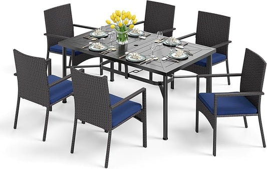 PHI VILLA 7 Piece Outdoor Dining Set for 6, 64" Wrought Iron Dining Table with Umbrella Hole & Cushioned Rattan Chairs for Patio, Yard, Porch, Deck