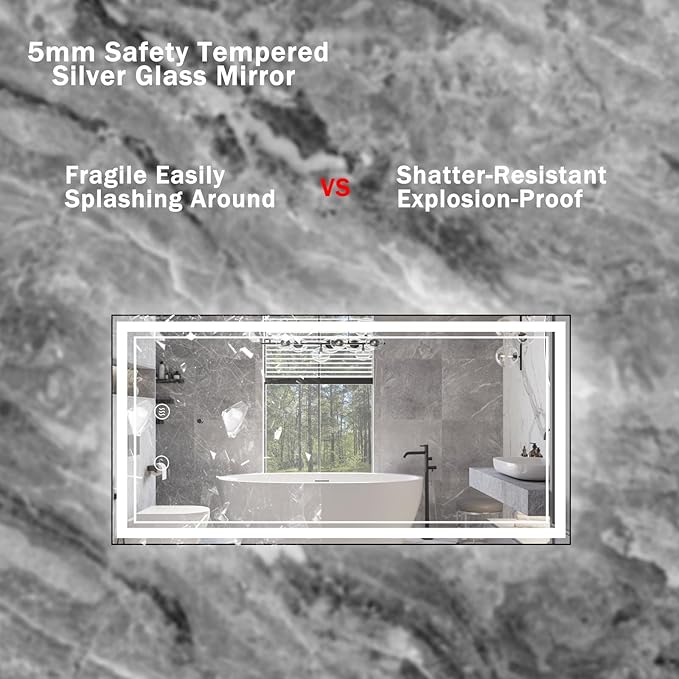 36" x 18" LED Bathroom Mirror with Lights Framed LED Mirror for Bathroom Backlit and Front Lighted Bathroom Mirror Black Square Aluminum Frame Anti-Fog Dimmable Adjustable Shatter-Proof