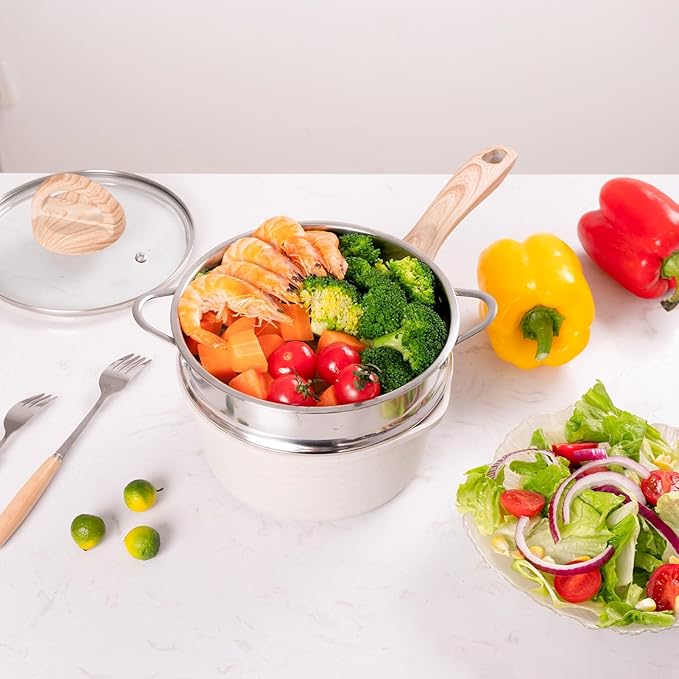 JEETEE 2.5 Quart Saucepan with Steamer Basket, Small Sauce Pot with Lid，Nonstick Coating with Pour Spout, Induction Compatible Cookware Sauce Pan for Cooking, PFOA/PFOS Free