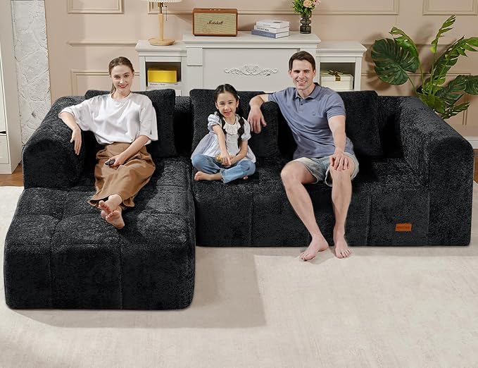 HABUTWAY 105" L-Shaped Modular Sectional Sofa, No Assembly Required Deep Seat Couch with 3 Pillows, Soft Fabric Upholstered, Modern Chaise Lounge for Living Room, Bedroom,Black