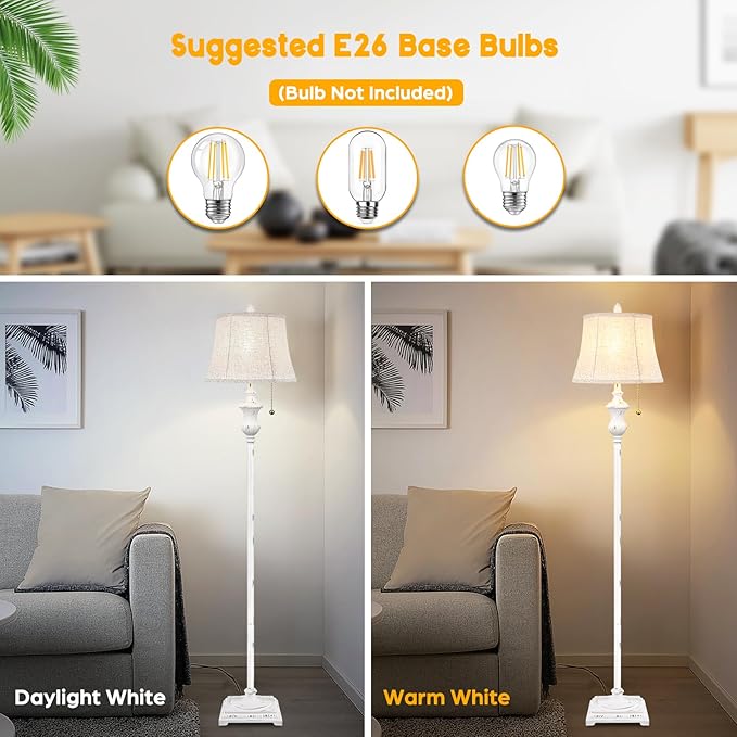TOBUSA Rustic Vintage White Floor Lamp for Living Room Bedroom, 64inch Traditional Tall Floor Lamp with White Linen Shade, Retro LED Standing Pole Lamp Upright Floor Light for Home Decor, Pull Chain