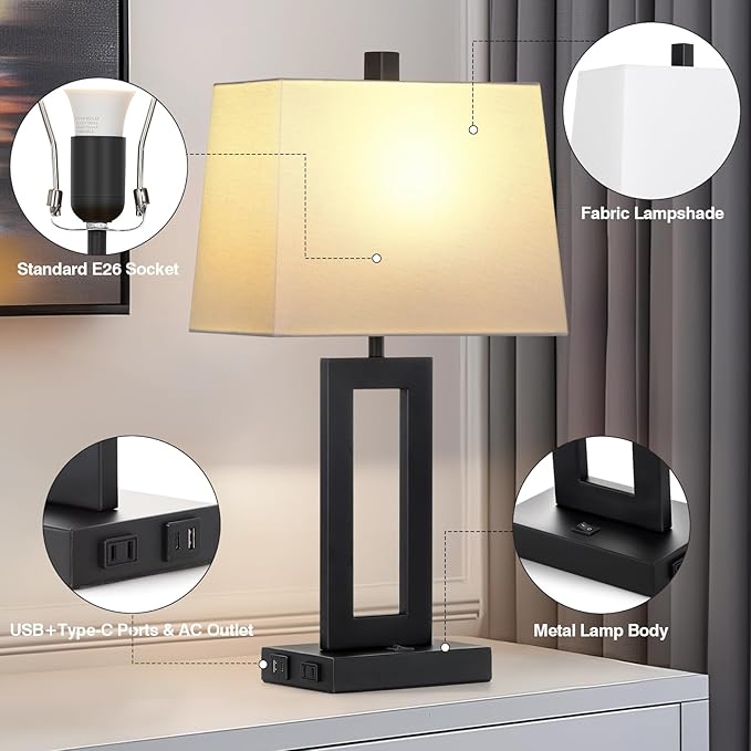 Table Lamp Set of 2 with USB C+A Ports & AC Outlet, Bedside Lamps, Modern Bedroom Lamps, Black Lamps for Night Stands Bedroom Living Room,Nightstand Lamp
