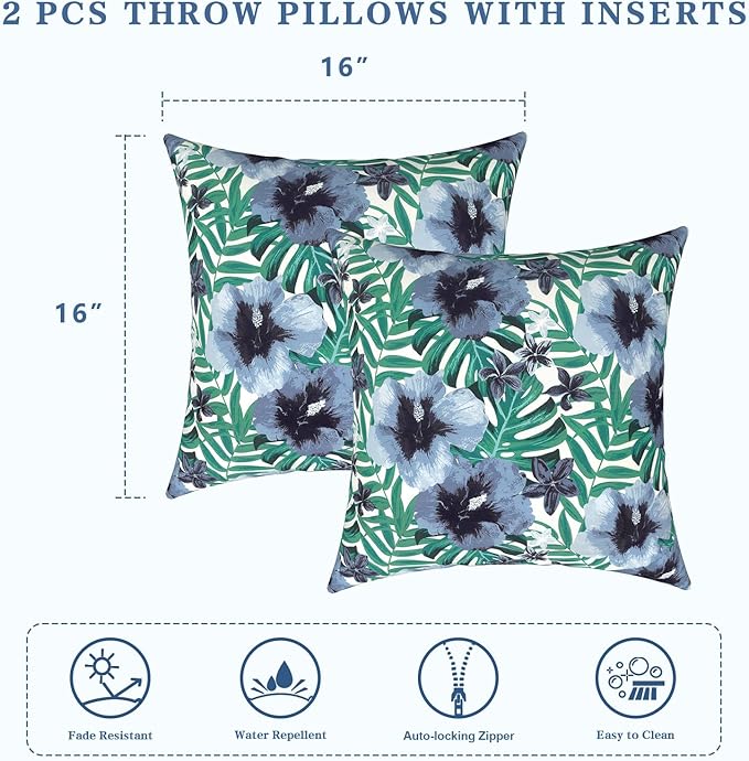 LVTXIII Outdoor Throw Pillows, Decorative Throw Pillows with Inserts, 16"x16" Square Pillows for Bed, Couch, Sofa and Patio Furniture, Set of 2, Blue Salmone Tropical