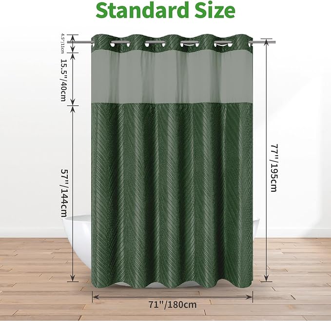 No Hook Shower Curtain and Liner Set,No Hook Tufted Striped Textured Shower Curtain with Snap in Liner Replacement and Waterproof Fabric,Boho Style with See Through Top Window,DarkGreen,71Wx77H