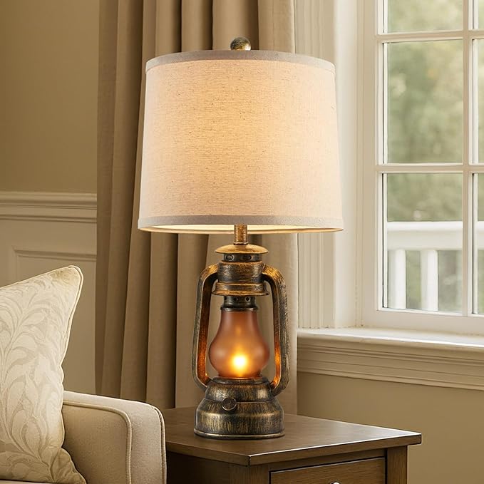 RORIANO Set of 2 Farmhouse Lantern Table Lamps for Living Room with 2 USB Charging Ports, Rustic Vintage Nightstand Lamps with Nightlight for Bedroom End Table Entryway, 4 Bulb Included