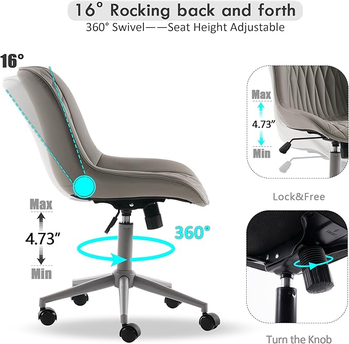 YOUNIKE Grey Home Office Desk Chair No Arms Comfy Small Vanity Chair Chair with Wheels Swivel Adjustable Modern Ergonomic Task with Back Armless Cute Leather Upholstered Rolling Chair