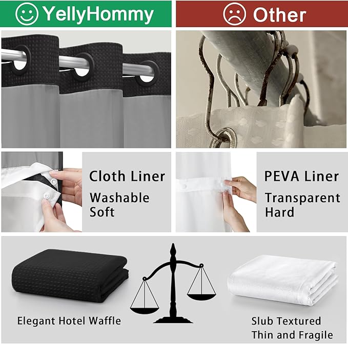 YellyHommy No Hook Shower Curtain with Snap in Liner Set Less Time Black Waffle Shower Curtain for Bathroom 78" L x 72" W
