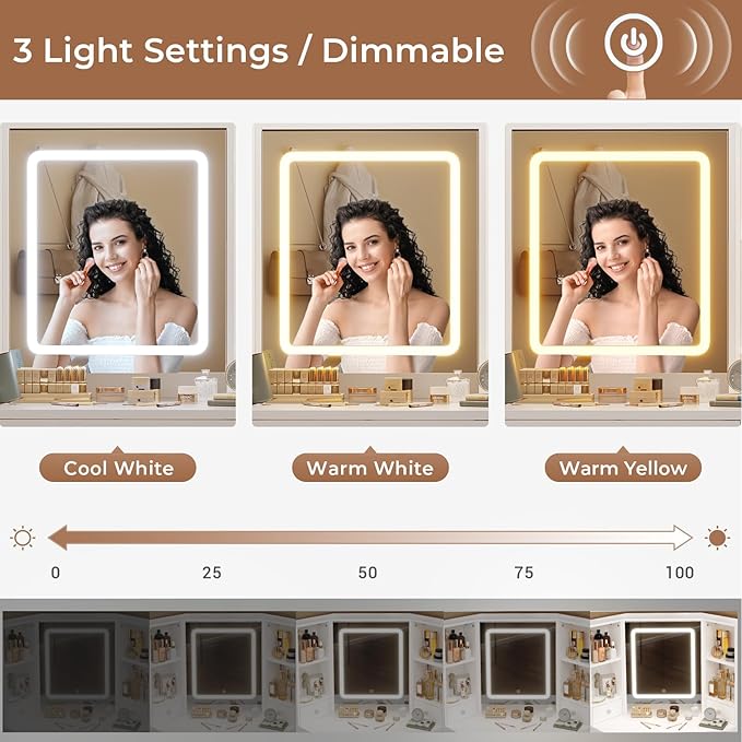 Vanity Desk with Mirror Lights, Storage Bench & Power Outlet, Corner Vanities with Rotating Cabinet & Drawers, 42.5" L Shaped Vanity Set, 3 Light Settings, for Women Girls, Modern White