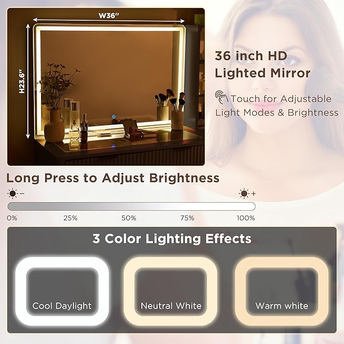 T4TREAM 48" Fluted Makeup Vanity Desk with Large 36" Mirror and Lights, Modern Glass Top Big Vanity Table with 5 Drawers & Adjustable Shelf, Dressing Table w/Charging Station for Bedroom, Dark Grey