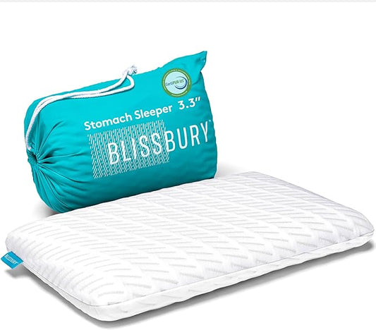 BLISSBURY Ultra Thin Memory Foam Pillow – Flat Slim Pillow for Stomach Sleepers | 3.3 Inch Stomach Sleeping Pillow for Better Neck Support & Comfort