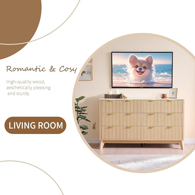 Fluted 6 Drawers Dresser for Bedroom, 55" Wide Modern Chest of Drawers with Metal Handle, Farmhouse Dresser TV Stand, Wood Drawer Organizer for Bedroom, Living Room, Hallway (Natural Oak)