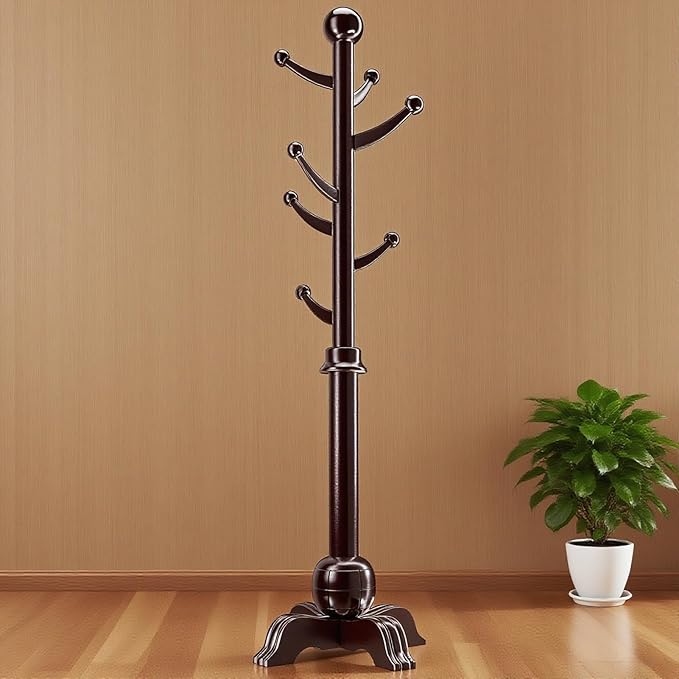 Hall Tree, Freestanding Wood Tree Rack with 7 Hooks, Coat Rack with Stable Sphere Base, Wooden Coat Rack Stand, Load 210 lb, Coat Hanger Stand for Entryway, Hallway, Bedroom (Black-Red)