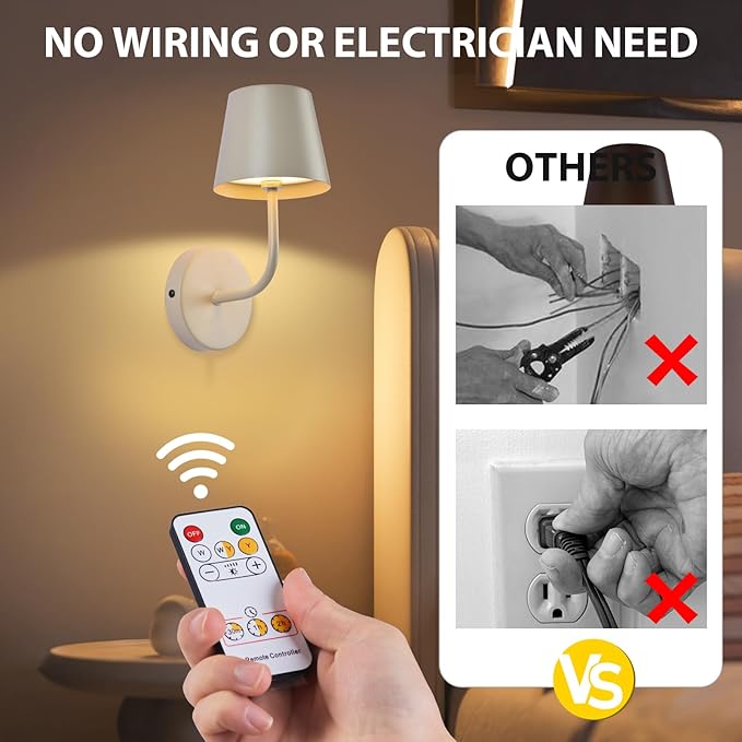 LED Wireless Wall Lamp Set of 2, with 5600mAh Rechargeable Battery Powered Wall Sconces, Touch For Remote Control Infinite Dimming Be used for Bedroom Mirror Living Room Wall Painting(Apricot)