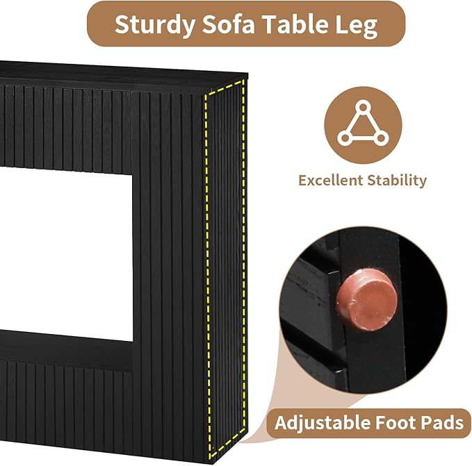 55.12" Wood Console Table for Entryway, Narrow Long Real Wood Fluted Design Sofa Tables Behind Couch Table Entryway Tables with 2-Tier Storage Shelves for Living Room, Hallway, Foyer, Black