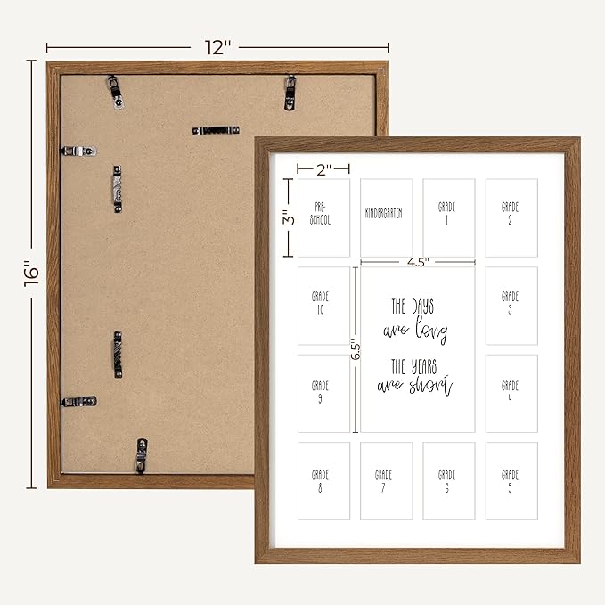 Axeman 12x16 School Years Picture Frame K-12 Day Graduation Photo Collage Solid Oak Picture Frame With Mat - Displays One 5x7 Photo and Twelve 2.5x3.5 Pictures, Hanging Hardware Included, Walnut
