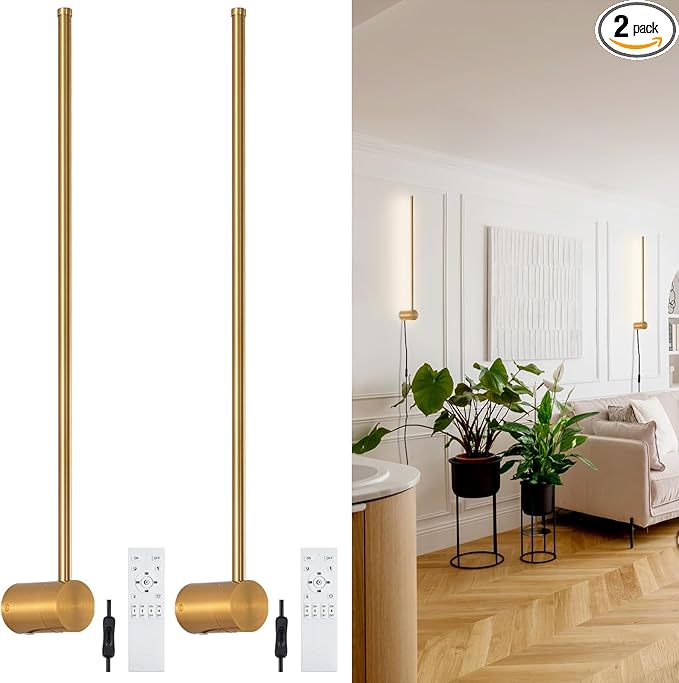 dimmable Modern Plug in Wall Sconce Set of 2, 23.6" Gold Brushed Wall Lights, Indoor Wall lamp Background Lighting with Memory Function, Applicable to Living Room and Bedroom 3000K 4000K 6000K