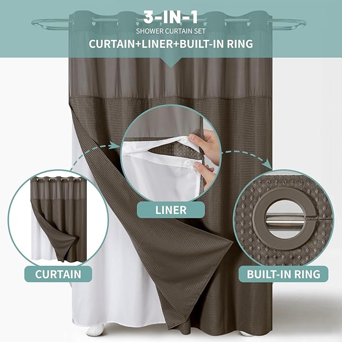 Brown Long No Hook Waffle Weave Shower Curtain with snap-in Liner Replacement, 230GSM Waterproof Fabric Hotel Shower Curtain Set for Bathroom, Through Mesh Top Window,71Wx80H