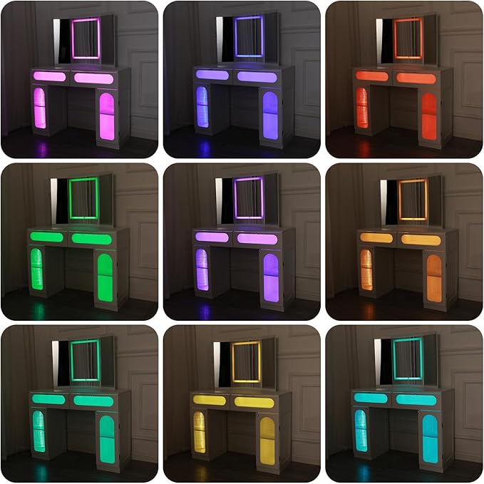 Vanity Desk with Tri-Fold Mirror and Lights, LED Makeup Vanity with 2 Drawers, 2 Doors Storage, Gifts for Girls/Women (White)