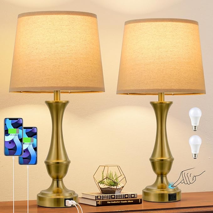 Upgraded Touch Lamps for Night Stands Set of 2 - Bedside Lamps with USB C+A, 3 Way Dimmable for Bedroom Living Room End Tables Office (Brown&Gold)