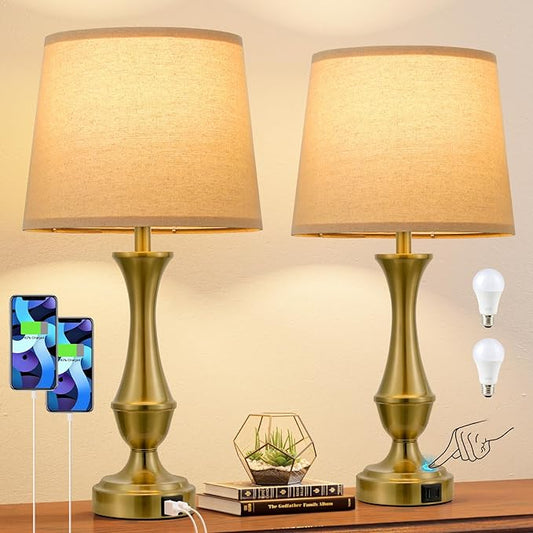 Upgraded Touch Lamps for Night Stands Set of 2 - Bedside Lamps with USB C+A, 3 Way Dimmable for Bedroom Living Room End Tables Office (Brown&Gold)