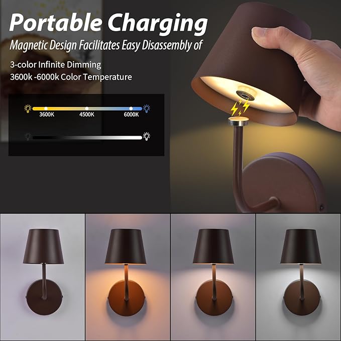 LED Wireless Wall Lamp Set of 2, with 5600mAh Rechargeable Battery Powered Wall Sconces, Touch for Remote Control Infinite Dimming Be Used for Bedroom Mirror Living Room Wall Painting(Brown)