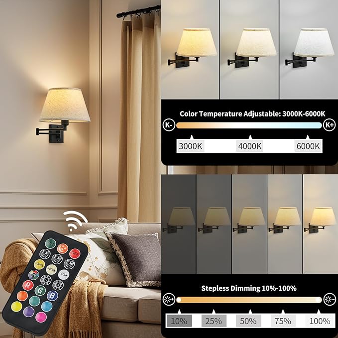 Battery Operated Wall Sconces Set of Two with Remote Control, Rechargeable Cordless Swing Arm Wall Lamp, Dimmable/3 Colors/9 RGB/Night Light/Timer, Black Wireless Wall Sconces, No Hardwired