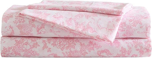 Laura Ashley Kids - Twin Sheet Set, Soft & Wrinkle-Resistant Toddler Bedding Set, Deep Pockets, Girl Bed Sheets with Matching Fitted Sheet & Pillowcase (Toile Unicorn Pink)