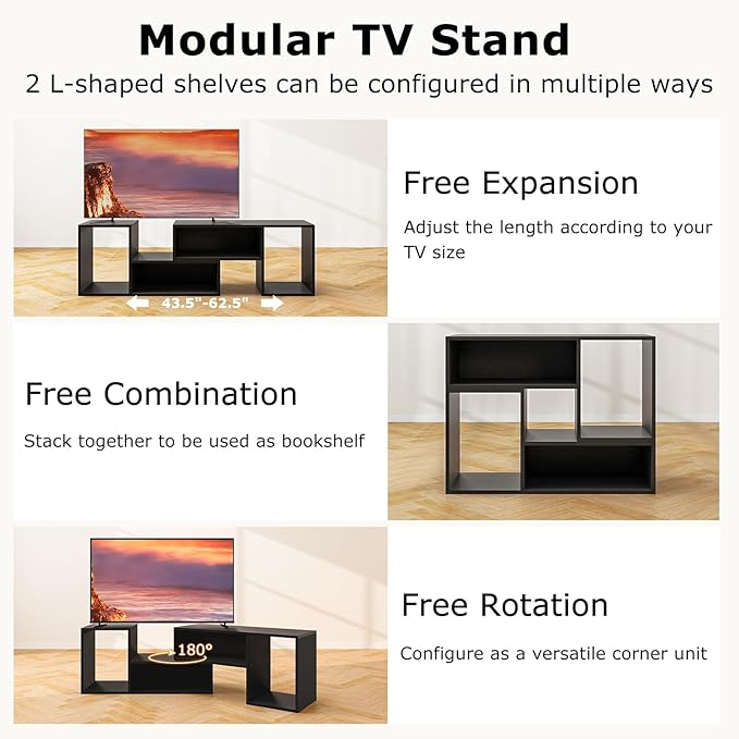 Tangkula 2 Pieces L-Shaped TV Stand, Free-Combination Entertainment Center for TVs up to 55 Inch, Modern TV Media Console Table with 4 Open Cubes, DIY Bookcase Shelf for Living Room (Black, 2 pcs)